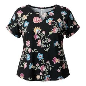 Woman Within Black Floral Print Notch-Neck Tee Plus Size 1X Cotton Blend